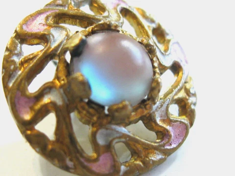 RARE ANTIQUE SAPHIRET GLASS BUTTON  PINK & WHITE ENAMEL ACCENTS - CUT OUT BORDER Cover