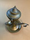 Antique 1800S Brass Whale Oil Chamber Lamp W Snuffer Lid