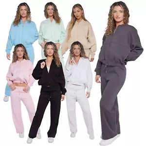 Womens Tracksuit Co-ords Suit Zipper Jacket Wide Leg Trouser Ladies 2Pcs Gym Set - Picture 1 of 21