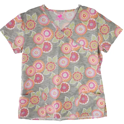 I Love Scrubs Womens Size M Gray Floral Scrub Top Medical Nurse - Image 1 of 4