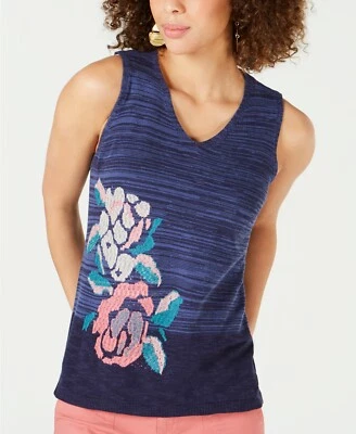 Suéter floral Style & Co. para mujer sin mangas con cuello en V, azul marino, mediano M Foto 1 de 2