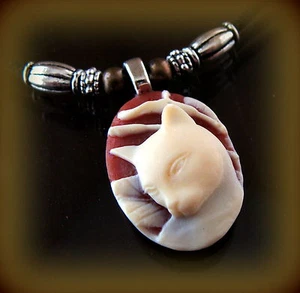 CAMEO GATTO GATTINO GATTINO testa ciondolo gioielli art deco art nouveau stile antico - Foto 1 di 12