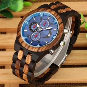 Men's Natural Wooden Watch Full Wood Strap Quartz Watches Auto Date Display Gift - Picture 1 of 8