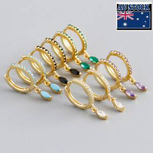 Woman s925 Sterling Silver Multicolor CZ Turquoise Hoop Huggie Earring Clip 