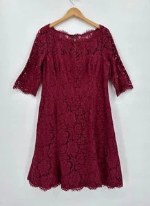 Eliza J Lace Cocktail Dress SZ 14 Short Wine Fit & Flare Princess, 3/4 Sleeve - Picture 1 of 11