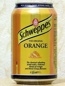 Empty Can Drink Schweppes Orange. Poland. 330 ml. 2018. Open bottom!