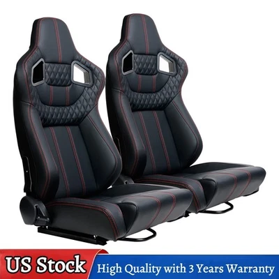 For Buick 2Pcs Car Racing Seats Adjustable Reclinable w/ Slider Red PVC Leather - Image 1 of 4