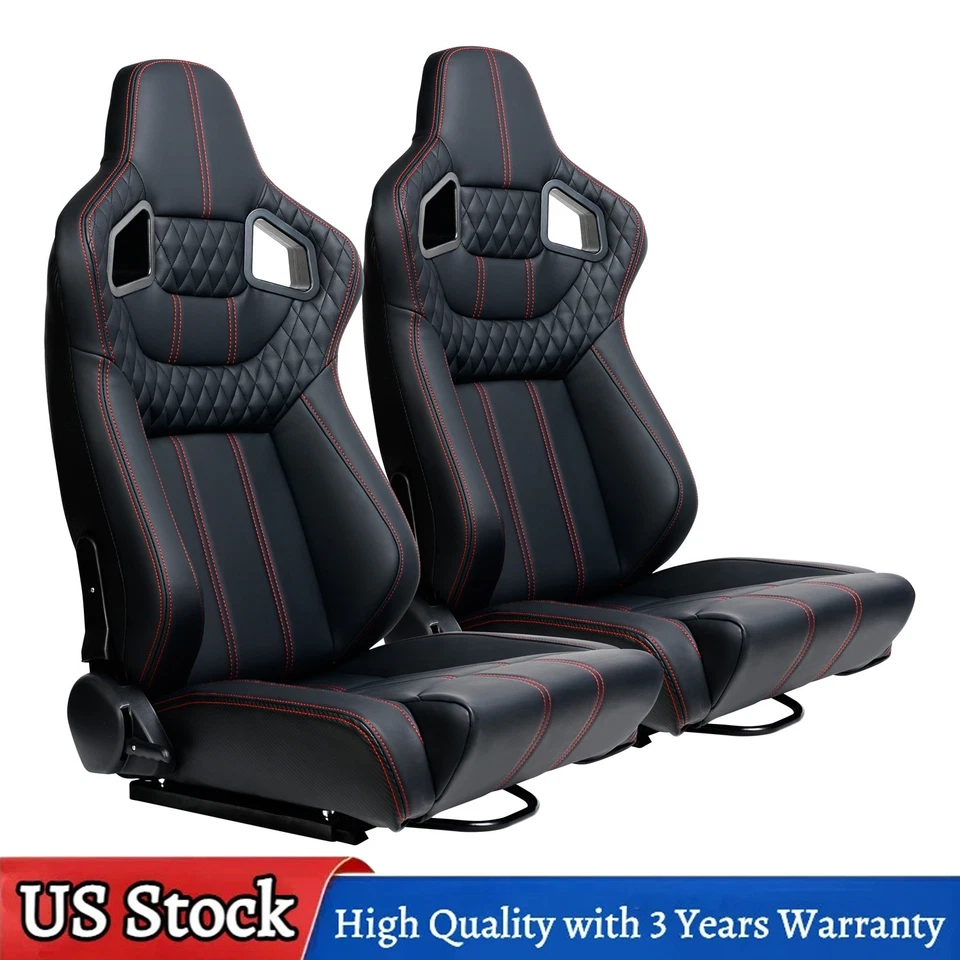 For Ford 2Pcs Car Racing Seats Adjustable Reclinable w/ Slider Red PVC Leather - Image 1 of 4