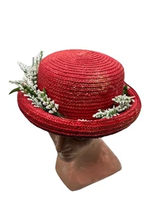 Vintage Handmade Straw Hat Twill Lace Floral Accents Red Church Party Easter - Picture 1 of 10