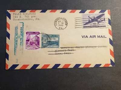 PAN AM TEST FLIGHT 1946 AIR MAIL DUAL Postal History Cover LIMA, PERU - Image 1 of 2