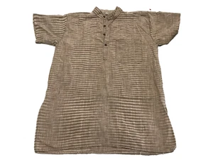 HERREN Kurta braun gestreift Knopfleiste Kurzarm Gr. 40 Taschen Leinenmischung - Bild 1 von 9