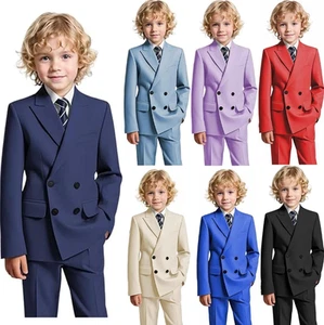 Boys Suits Peak Lapel Double Breasted Slim Fit Formal Wedding Groom Two Pieces - Picture 1 of 24