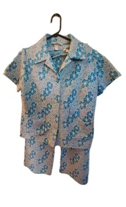 Vintage Doppelstrick Polyester 2 Teiliges Hosen Set Anzug Türkis Weiß Blumen - Bild 1 von 11