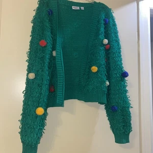Mighty Fine  Christmas Sweater Womens L Green Pom Pom Tree Ugly Cardigan - Picture 1 of 3