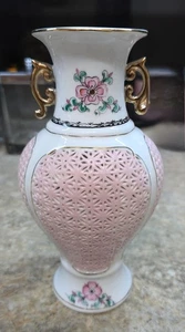 Jarrón Insense vintage reticulado, maceta de porcelana, rosa, detalles de oro floral - Imagen 1 de 8
