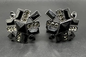 Vintage Givenchy Black Clear Rhinestone Clip-On Earrings - Picture 1 of 7