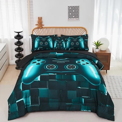 Conjunto de edredom PERFEMET 6 peças masculino gamer tamanho completo azul-petróleo videogame cont... - Imagem 1 de 4