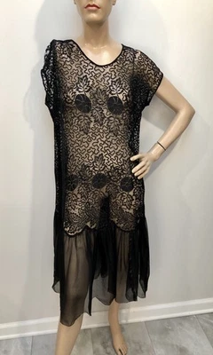 VTG 1920s ALL LACE Witchy Black FLAPPER CHEMISE DRESS w/SILK FLOUNCE Sz-40 Chest - Image 1 of 4