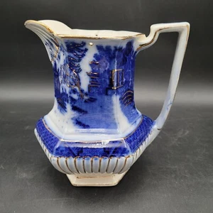 Antique Late 1800's English Blue Willow Pattern Flow Blue Pitcher Gold Gilt Trim - Picture 1 of 9