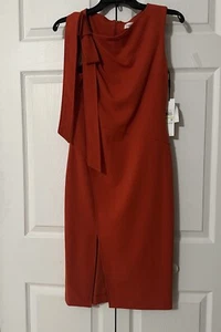 NWT CALVIN KLEIN ASSYMETRIC NECKLINE BOW SHOULDER SLITTED DRESS RED ORANGE SZ 4 - Picture 1 of 6