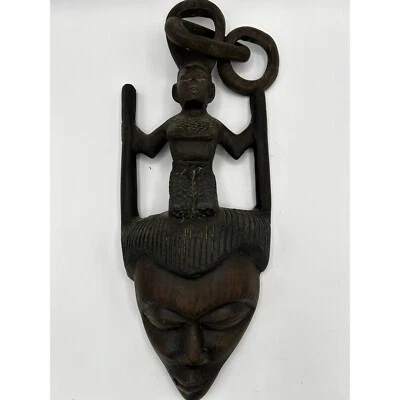Máscara de pared de madera tallada a mano tribal africana de colección escultura única marrón oscuro Foto 1 de 4