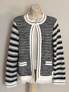 New Talbots Striped Black White Sweater Cardigan Petite L Open Front Fringe Trim - Picture 1 of 9