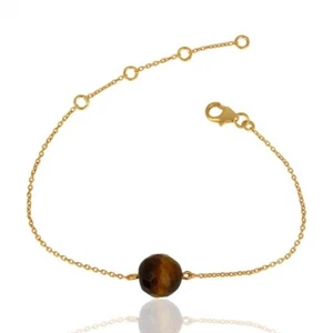 Gold Plated Silver Natural Tiger Eye Gemstone Chain Bracelet Jewelry For Wedding - Picture 1 of 5