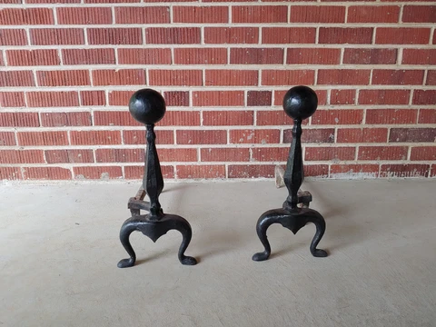Very heavy Large Black 17" H Iron Andirons with patina, not cleaned, sturdy Cover