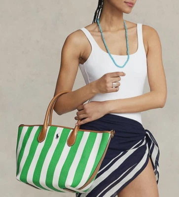 Ralph Lauren Polo REVERSIBLE Bellport Tote Bag Leather Green Yellow Stripe £269 - Image 1 of 4