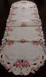 15"x52" Embroidered Tablecloth Pink French RosesTable Runner Home Decor Topper - Picture 1 of 3