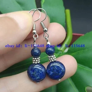 Natural 12mm Coin Shaped And 6mm Round Blue Lapis Lazuli Gemstone Bead Earrings - Picture 1 of 6