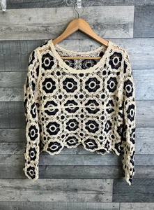 Womens Crochet Jumper Top Size Medium Ivory Black Boho Festival Summer Knit - Imagen 1 de 10