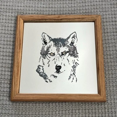 1999 OOAK Wolf Mirror Custom Made Etched & Painted in Wooden Frame 13.5” x 13.5” - Image 1 of 4