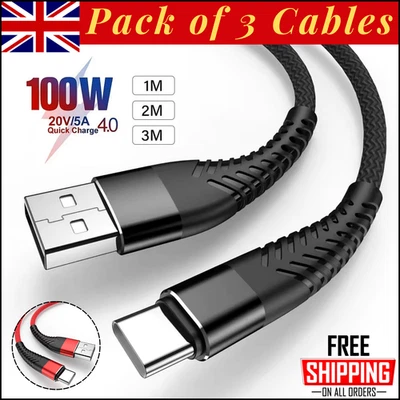 USB A to USB-C Cable Braided Fast Charger Type C Lead For iPhone 15 16 / Samsung - Image 1 of 4