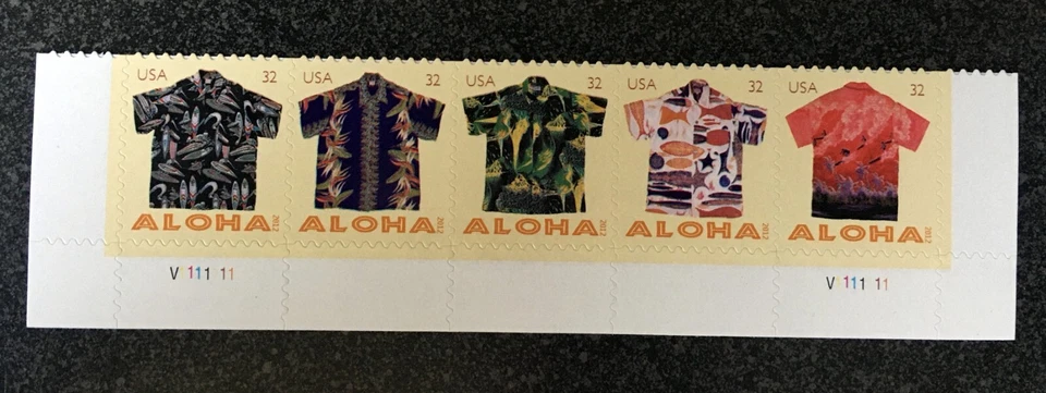 2012USA #4592-4596 32c Aloha Shirts - Bottom Plate Strip of 5   Mint  NH - Image 1 of 1