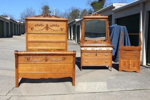 Superb Victorian Golden Tiger Oak Three Piece Rolling Pin Bedroom Set ~ Ca.1890 Cover