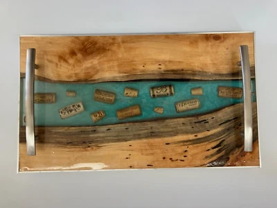 Wood & Resin Charcuterie Cheese Tray / Blue Epoxy River w/ Cork Detail 10x17" - Image 1 of 4