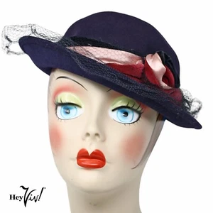 Vintage Henry Pollack Hat Navy Blue w Velvet Satin Trim Adjustable Brim -Hey Viv - Picture 1 of 9