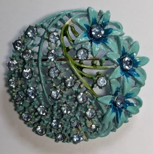 Vintage Brosche Anstecknadel floral blau emailliert Strass durchbrochen - Bild 1 von 13