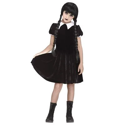Girl's Gothic Wednesday Addams Black Dress Halloween Costume Child Teen M L XL - Image 1 of 3