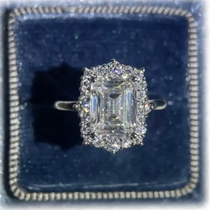 4.84 TCW Emerald Cut Moissanite Halo Engagement Ring 14K White Gold Plated - Picture 1 of 8