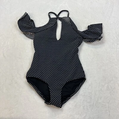Traje de baño Carter rojo de una pieza a lunares negro talla pequeña fuera del hombro Foto 1 de 4