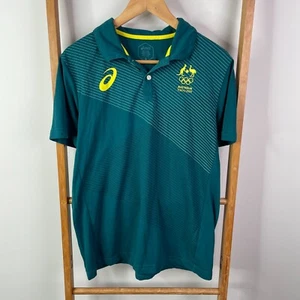 Asics Polo Shirt Mens Large Green Striped Australia Tokyo 2020 Short Sleeve - Picture 1 of 9
