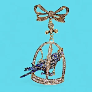Oversized BLUE CRYSTAL COCKATOO in BIRD CAGE BROOCH brass rhinestone bow pin 5B - Picture 1 of 6
