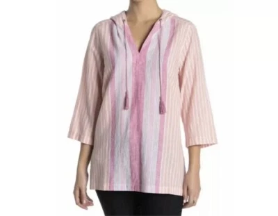 Tommy Bahama Size L Lovely Lanes Baja Linen Blend Hoodie Top Pink Striped Tassel - Image 1 of 4