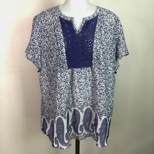 Como Vintage Top Large Purple White Paisley Floral Short Sleeve Blouse Women's - Picture 1 of 11