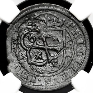 COLONIAL ERA SPAIN. Philip IV, 1621-1665. 12 Maravedis, Countermark, NGC XF45 BN - Picture 1 of 4
