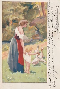 C3 -Cp Cartolina Illustrata Madre con Figlio Campagna Oche  - Fp Vg 1905 Viterbo - Foto 1 di 2