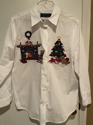 Camisa Top De Colección Años 90 Karen Scott Blanca Navidad Abotonada Pequeña Grande PL Foto 1 de 4