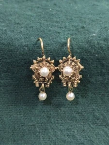 Victorian/ Etruscan Revival 14K Gold Pearl Dangle Drop Earrings - Picture 1 of 5